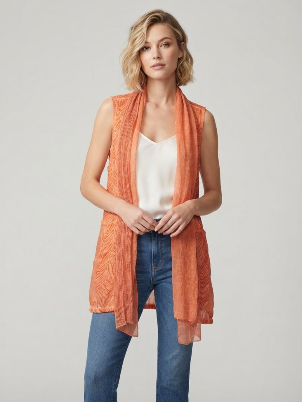2/$30 Chico's Zebra Stripe Shawl Open Front Vest Cardigan Orange Coral 8 #A4639